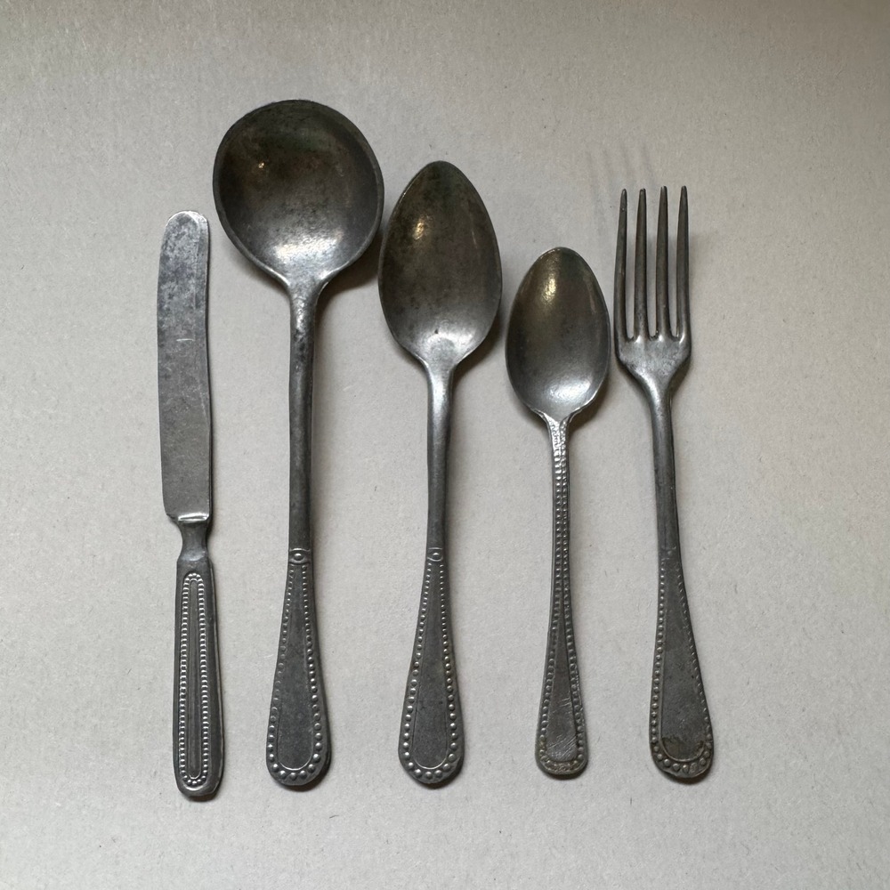 Vintage Aluminum Flatware Set 5 Pieces Beaded Baby Relish Utensils SMALL Doll